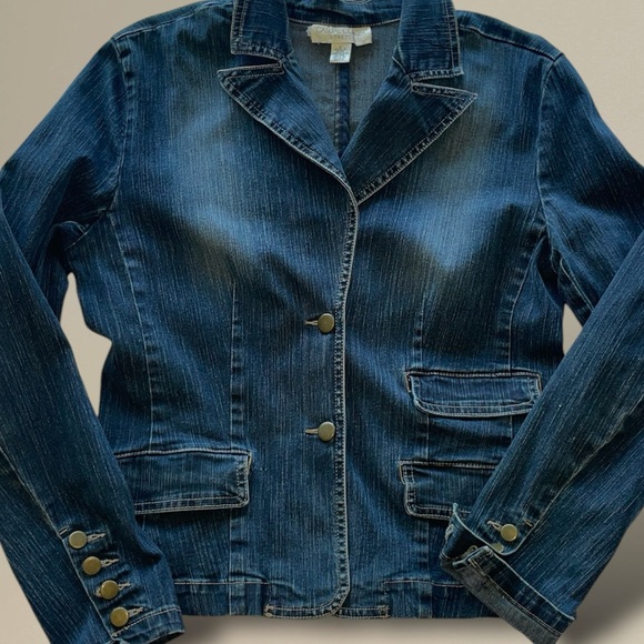 Casual Corner Denim Blazer Jean Jacket Dark Blue Stretch Notch Lapel Size 8 - Picture 11 of 11